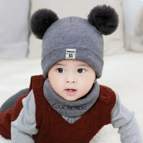 2Pcs Baby Hat Scarf Set Bear Cat Winter Spring Autumn Warm Knit Baby Cap Bonnet Kids Hat Boy Girl Caps Boys Girls Crochet Beanie - Цвет: Серый