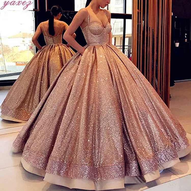 Long Sparkly Glitter Arabic Women fluorescence color Dress 2020 Puffy Ball Gown Spaghetti Strap Rose Gold Formal Evening Gowns Long Sparkly Glitter Arabic Women fluorescence color Dress 2020 Puffy Ball Gown Spaghetti Strap Rose Gold Formal Evening Gowns
