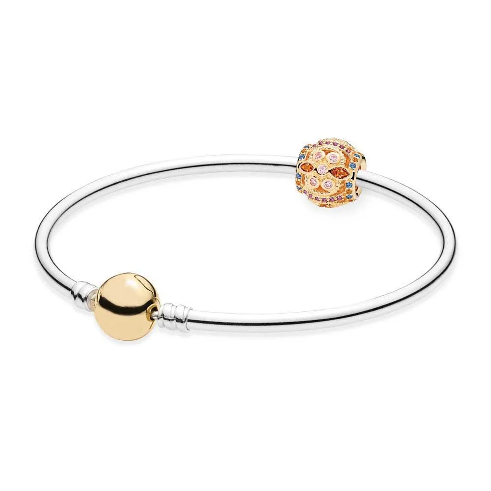 

NEW 925 Sterling silver 14ct Gold color Colour Fresco Bangle Set Clear CZ fit DIY Original charm Bracelets jewelry A Set