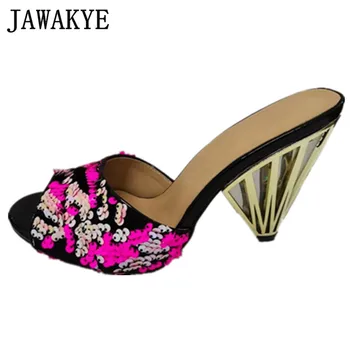 

Sexy Sequins Gradation Glitter high heels slippers women Hollow Metal Triangle Chunky Heels Summer Shoes Woman Sandals Slides