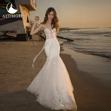 

Aedmgh Sheath Mermaid Wedding Dresses 2022 Sweetheart Strapless Vestido De Novia Gorgeous Lace Appliques Bow Robe De Mariee