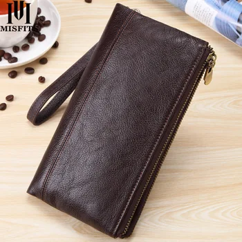 

MISFITS Men Wallet Genuine Leather Wallets for Cell Phone Zipper Clutch Bag Male Cow Leather Long Purse Travel Portomonee