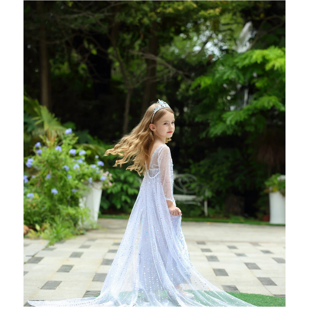 Birthday Party Girls Princess Elsa Dress Summer Toddler Girl Long Sleeve Blue Dresses with Long Tail Sequins Elegant Ball Gowns