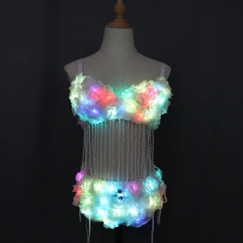 

New Fashion Glowing Clothes LED Bra Lady Clothing Women Bra Shorts Alice shoulder Armor Suits Ballroom Dance Dress