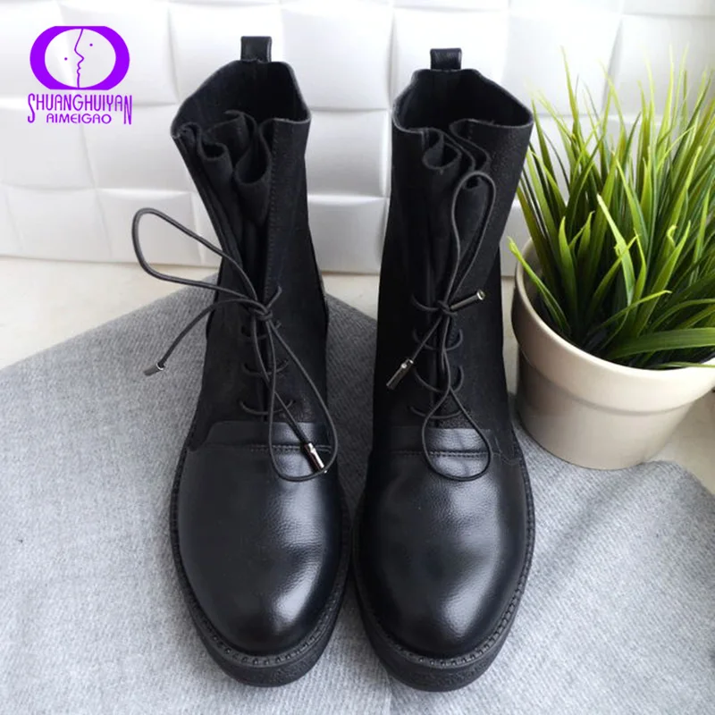 Ceny AIMEIGAO czarne sznurowane ciepłe botki zimowe buty damskie platformy mieszkania antypoślizgowe buty zamszowe damskie wodoodporne skórzane buty
