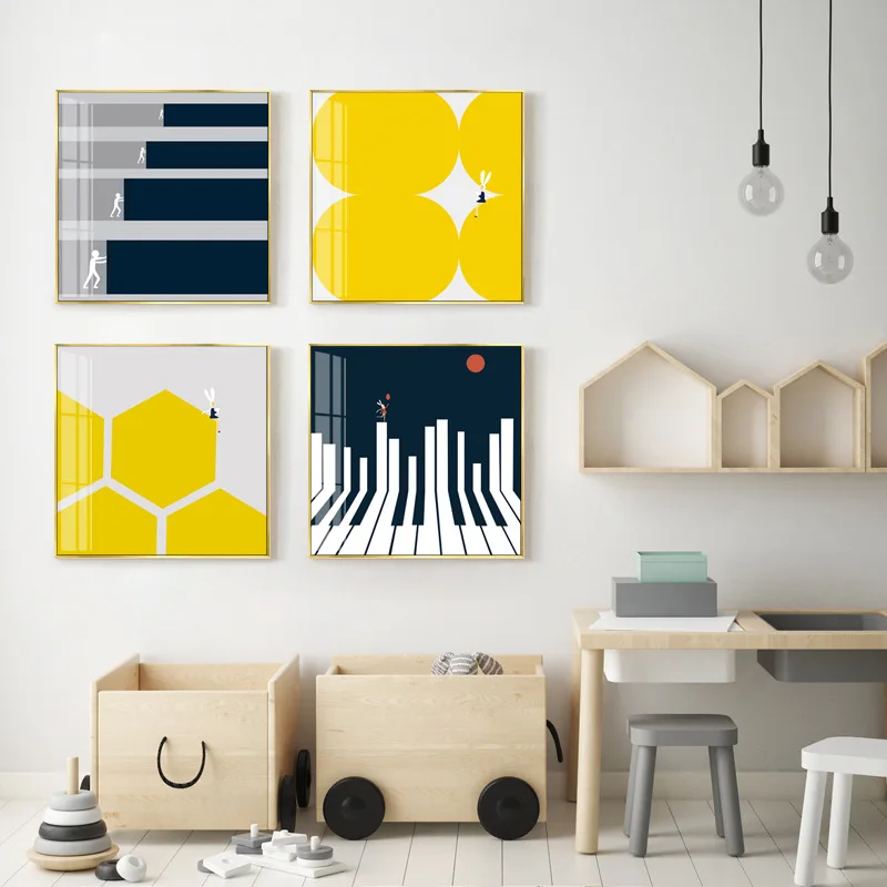 

Yellow Bunny Print Piano keys Runway Wall Art Rabbit Canvas Painting Poster Cute Cartoon Animal Kids Girls Nursery Bedroom Decor