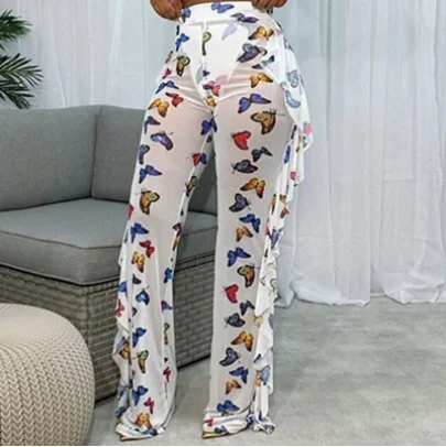 Butterfly Print Ruffle Full Pants 