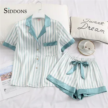 

Siddons Women Pajamas Set 2 Pieces Stripe Faux Silk Pajamas Suit Cute Sleepwear Short Sleeves Sleepwear Shorts For Female