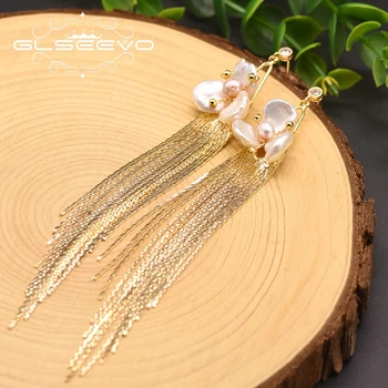 

GLSEEVO Original Design Fresh Water Baroque Pearl Long Tassel Dangle Earring For Women Wedding Party Gifts Luxury Jewelry GE0893