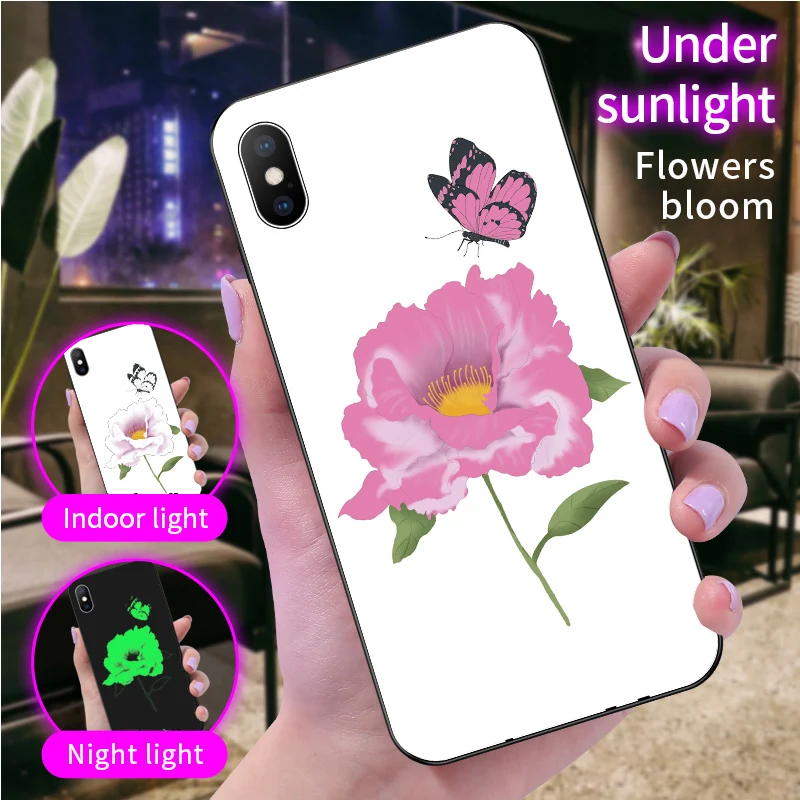 Чехол для iPhone 6 6S 7 8 Plus X XR XS Max фиолетовый светящийся видимый свет цветок Изменение