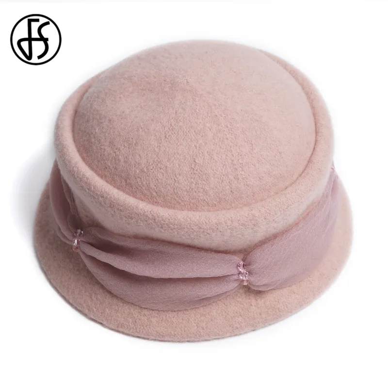 FS Vintage Pink Women Wool Cloche Round Cap Elegant Winter Fedora Bucket Beige Wine Red Bowler Hat Fashion Girl Warm Caps