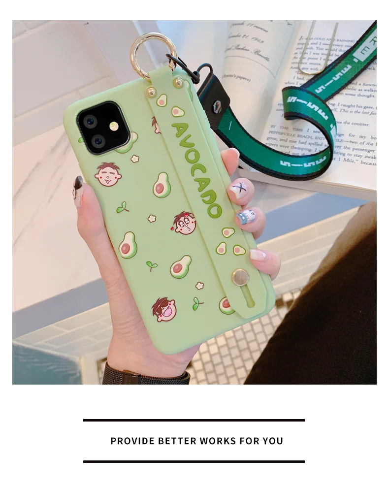 For iphone 11 Cute Avocado Wrist Strap phone Case for iphone 11 pro max Cartoon CAT silicone Rabbit Back cover+ strap