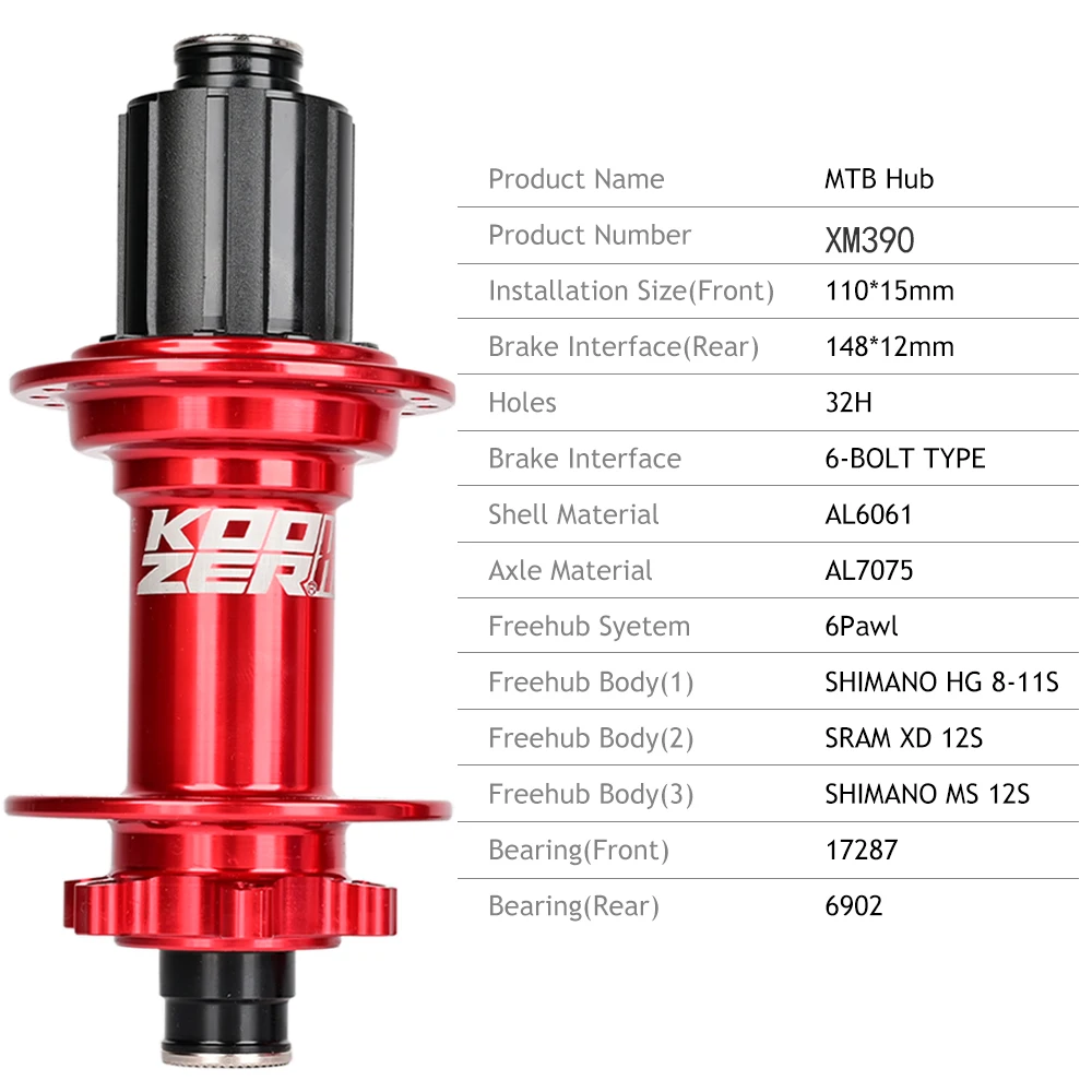 KOOZER XM390 BOOST MTB Mountain Bike Hubs 32H Hole 4 Bearing bicycle Hub 6 Bolt Front hub 15*110 Rear hub 12*148MM 11 12 Speed