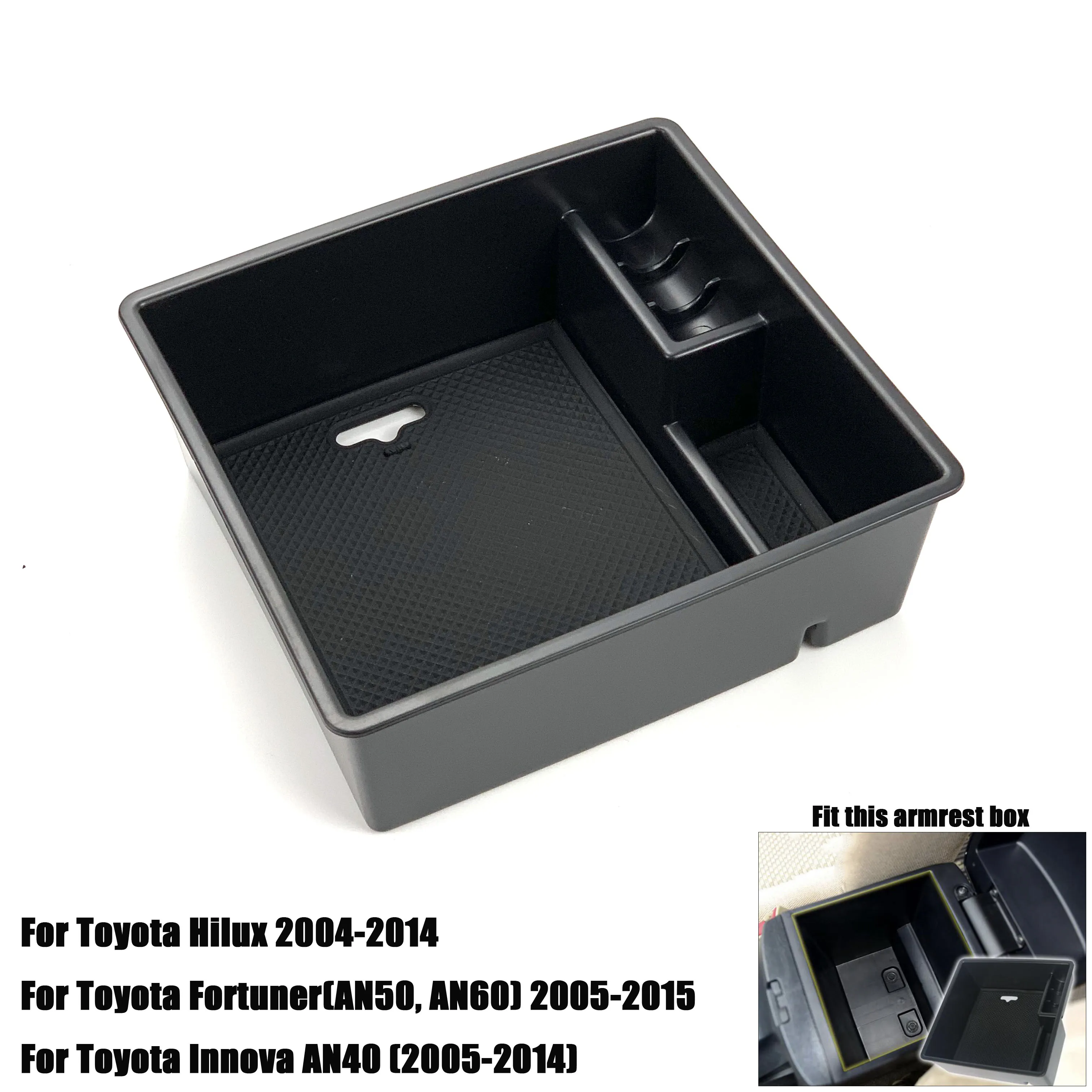 Armrest Center Storage Box Plastic for Toyota Hilux 2004- Console Glove Tray Case Built-in 2 Non-slip Mats Organized Shape
