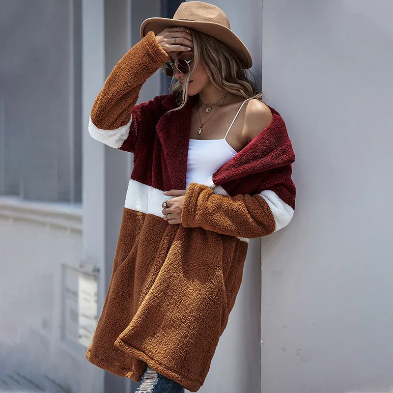 

Woolen Coat Women Striped Stitching Cardigan Women Autumn Winter New Long Color Matching Pocket Knitted Button Coat High Street