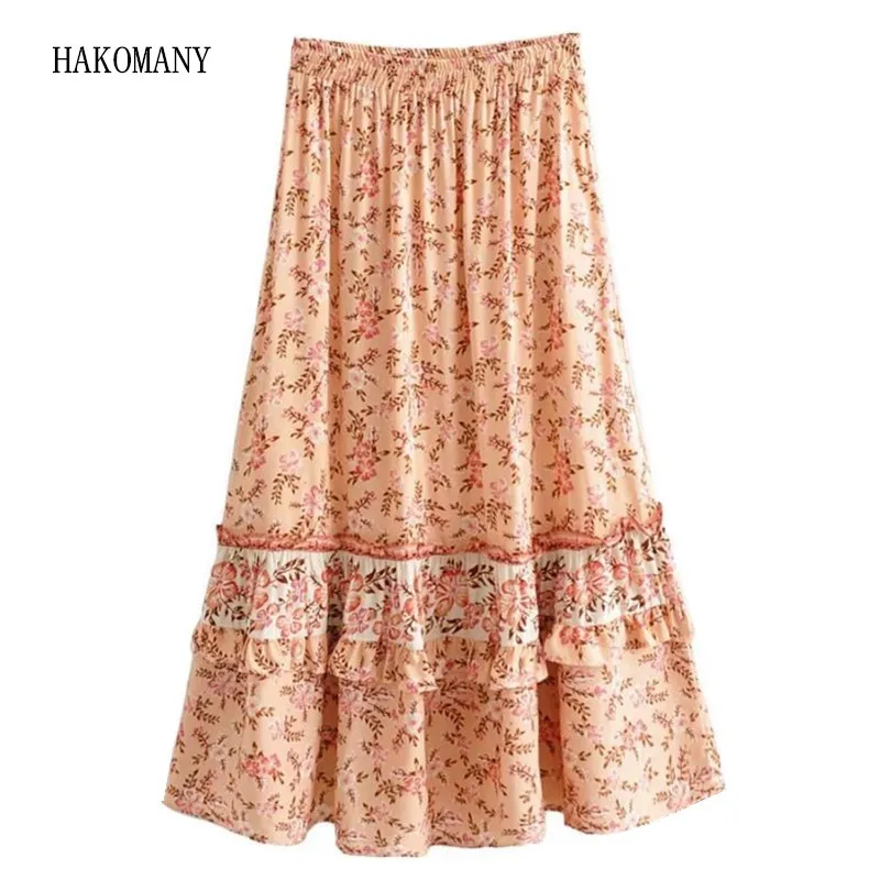 Vintage Women Elastic Waist Maxi Long Swing Skirts Orange pink color Femme Spring Bohemian Stitching wood ears Ruffles Skirt | Женская