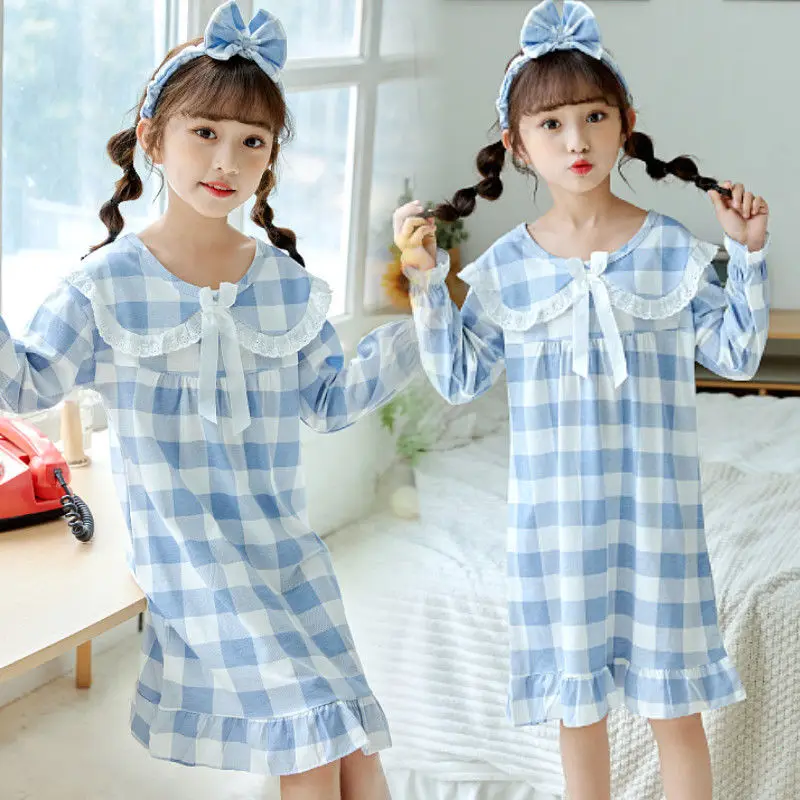 Spring Autumn Cotton Long Sleeve Children's Pajamas Little Girls Thin Nightdress Baby Girls Solid Color Lattice Pattern Homewear