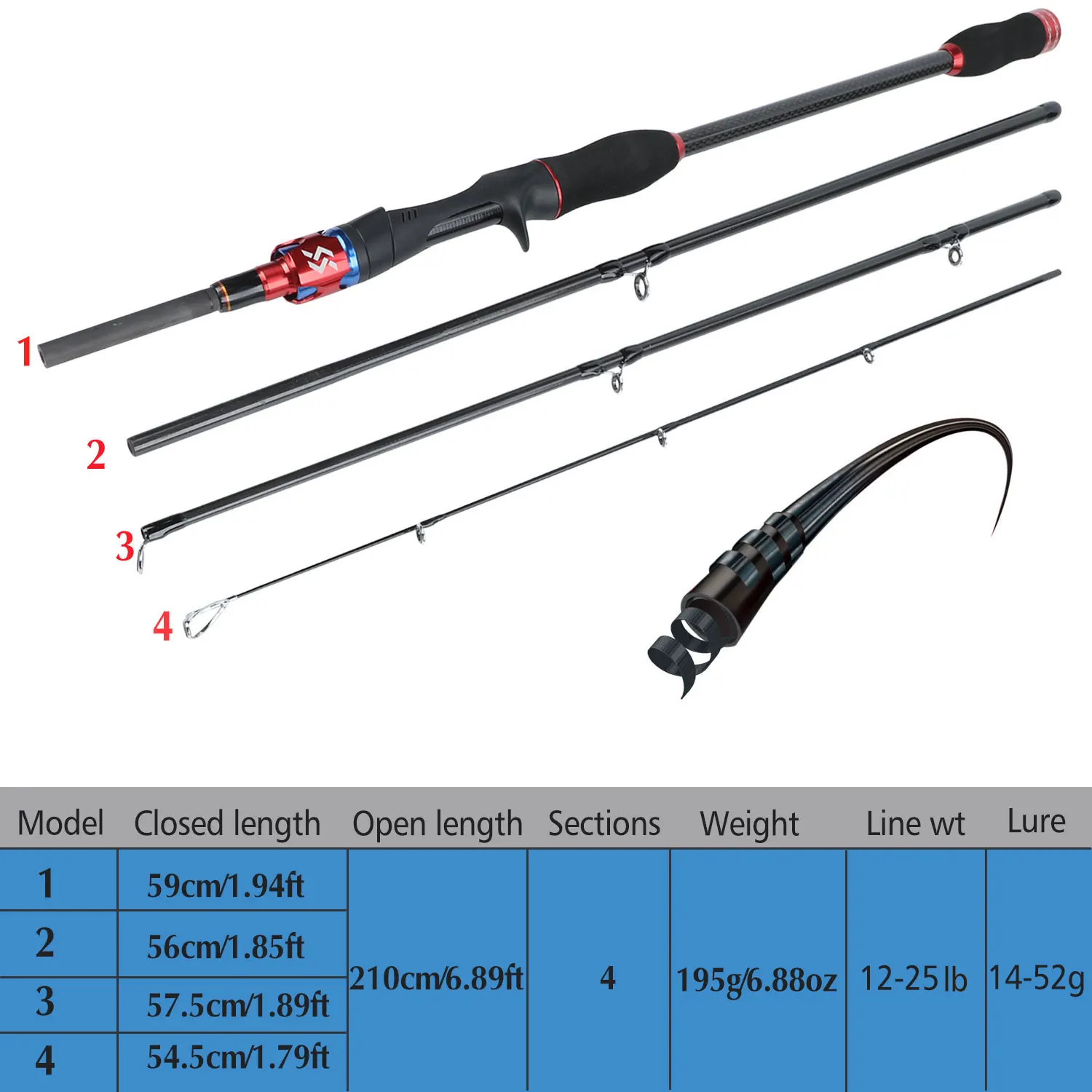 Sougayilang Rod Combo 4 Sections Carbon Fiber Casting Rod 2.1M/2.4M with Baitcasting Reel 12+1BB Right/Left Hand Fishing Reel