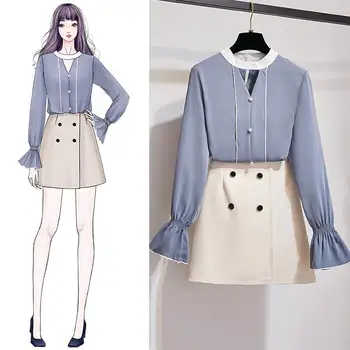 

Women 2020 Autumn Winter Chic Elegant Sets Female Flare Sleeve Shirt Tops +Double-Breasted A-Line Mini Skirt 2 Piece Suits T288