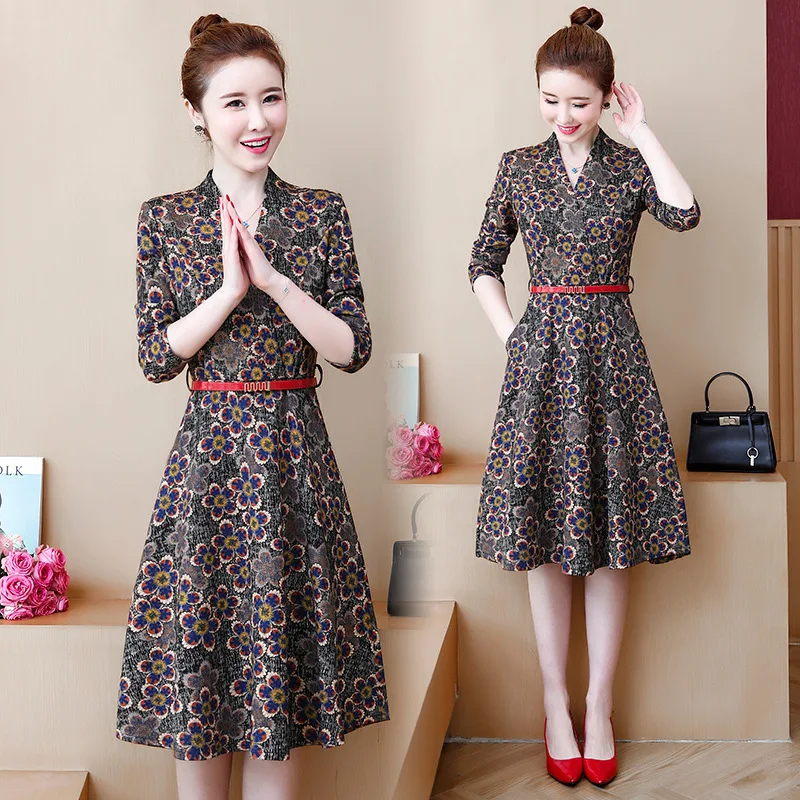 

2020 Early Spring New Style Large GIRL'S Large Size Dress-Style Floral Printed Dress Women's Slim Fit Middle-aged Mom A- line Sk