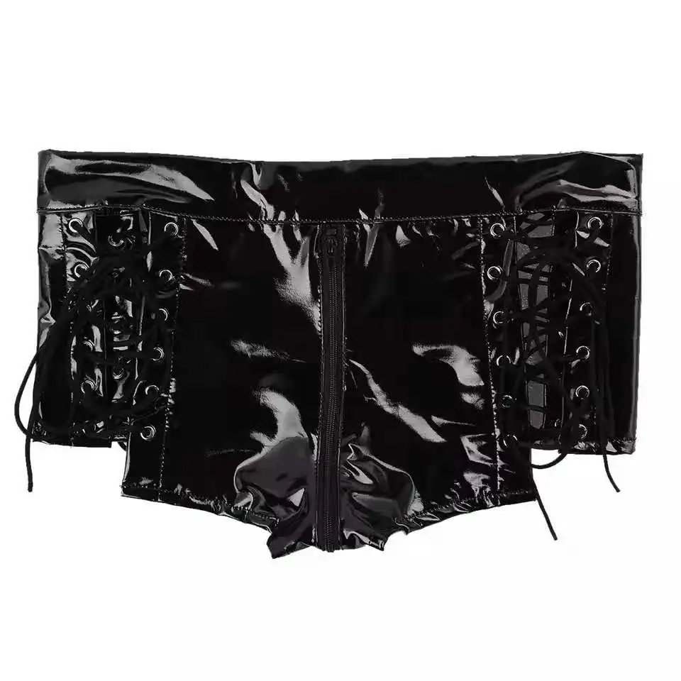 Women Sexy Opening Crotch Leather Shorts For Sex Erotic Porn Below Crotchless Underwear Glossy Shaping Latex Mini Hot Pants Sexi women lingerie set women crotchless shorts