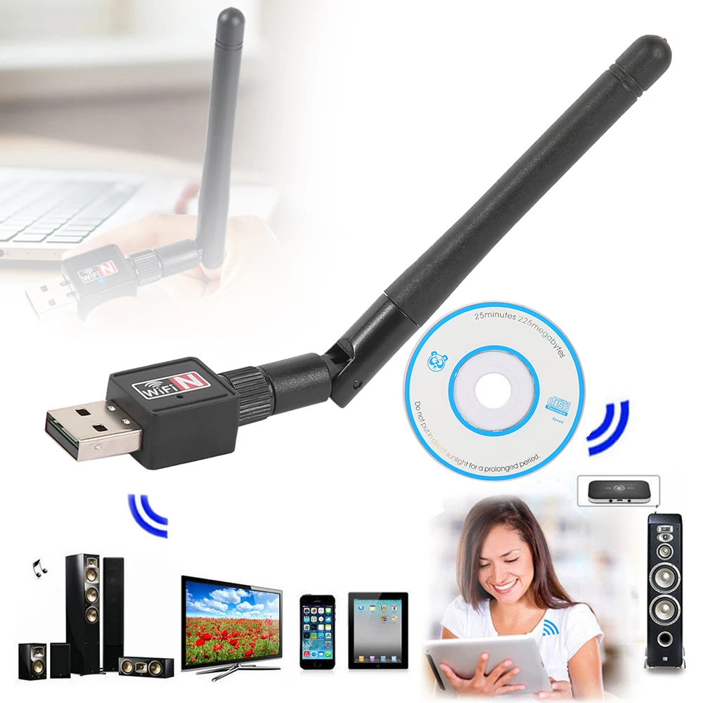 

Willkey Mini Network Card USB WiFi Adapter 150mbps 5dBi Wi-Fi Adapter WiFi Receiver with Antenna 2.4G USB PC Network Card