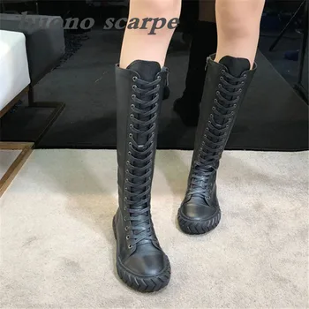 

2019 winter new height increase leather women's boots thick bottom muffin long boots riding boots with knights police boots