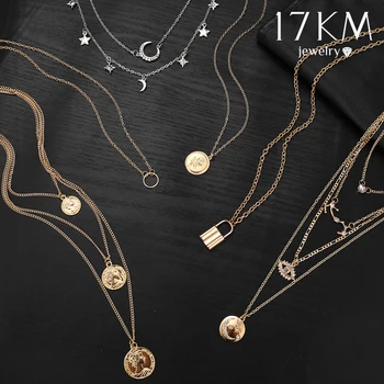 

17KM Boho Gold Necklaces Pendants For Women Vintage Y Lock Moon Pearl Star Necklace 2019 Female Collar Choker Fashion Jewelry