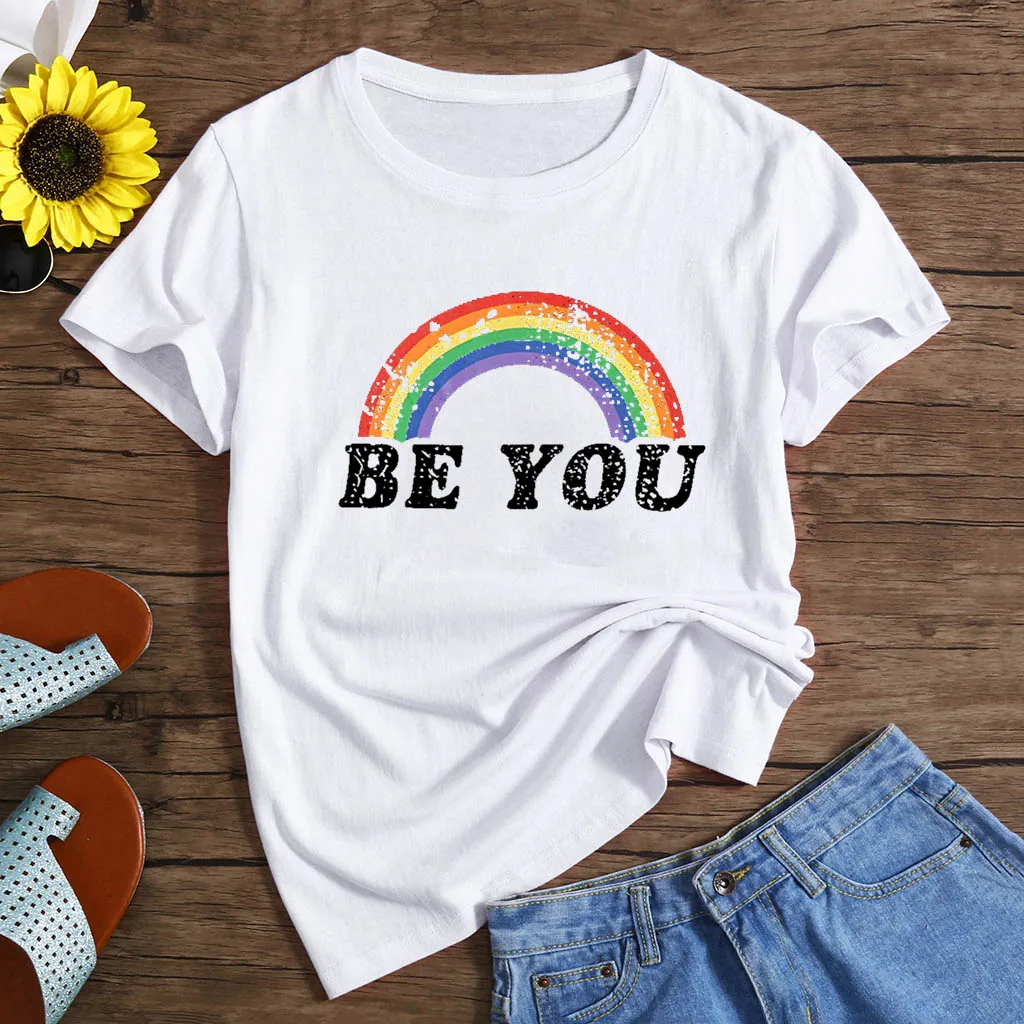 

Hillbilly Fashion Casual Rainbow Graphic T Shirts 2019 Summer Short Sleeve Be You Leeter Print Toops Tees for Ladeis Clothes