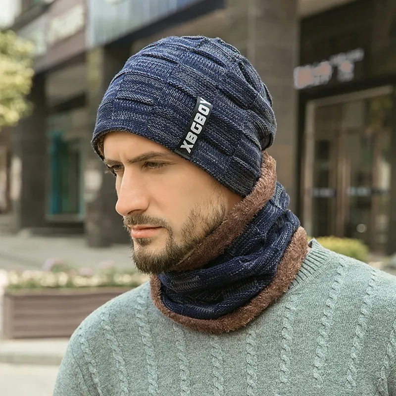 Браунинг Шапочка-шарф комплект Для мужчин осень-зима пушистый вязаный Кепки шеи Теплый головной убор