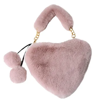 

2020 New Winter Heart-Shaped Bag Best Festival Gift Female Furry Lovely Handbag Chain Peach Heart Bag Warm Purses and Handbags