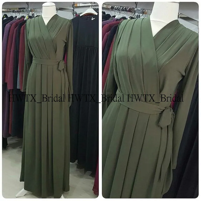 

2020 Arabic Dubai Muslim Evening Dress Long Sleeves Hunter Green Chiffon Long Prom Dresses Formal Party Gown Robe de soiree