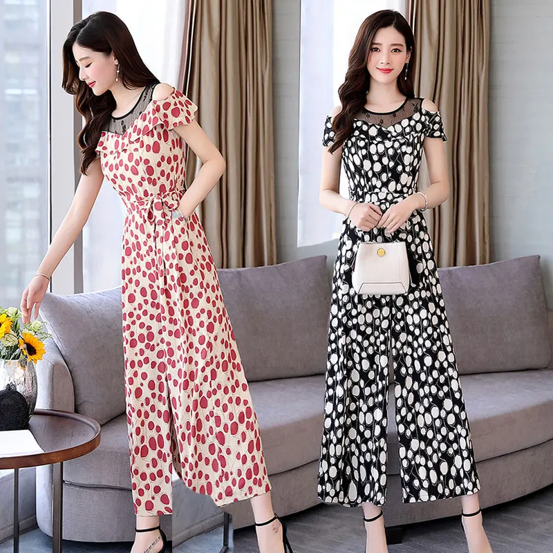 

Lace Jumpsuits for women fashion Sexy short Sleeve One piece Rompers female printing Nine points Long Wide Leg Pant