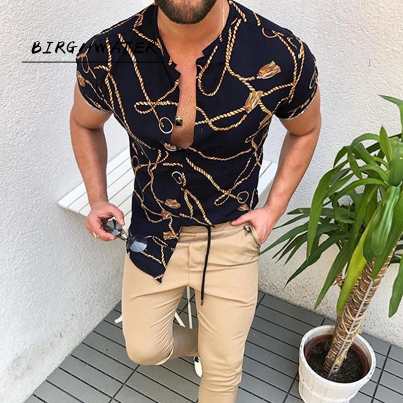 Camisa ajustada de manga corta para hombre, ropa informal hawaiana con de letras, de un solo pecho, verano, 2021 AliExpress