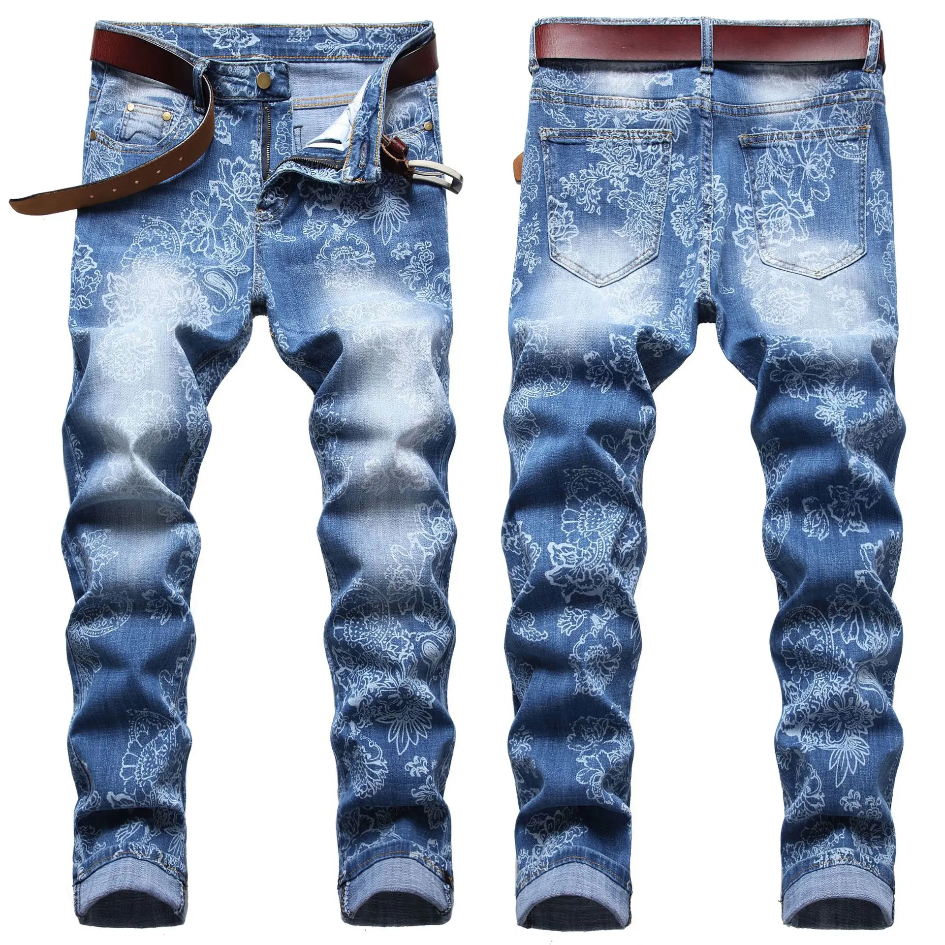 

Men’s Print Denim Pants,Elastic&Washed Slim-fit Jeans,School-days Stylish Casual Jeans,High Street Youth Fashion Must;