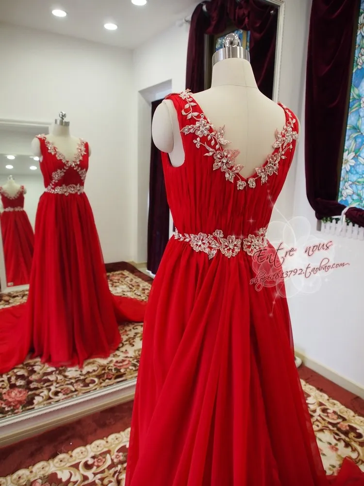 Robe de soiree красное шифоновое длинное платье для выпускного вечера стиль сексуальное с v-образным вырезом А-силуэта с аппликацией вечернее платье, расшитое бисером платья для подружек невесты