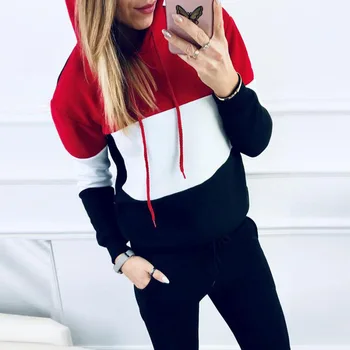 

Women patchwork Hooded Sweatshirt Set Long Sleeves Drawstring Jacket casual sport 2 Piece Set Elastic Waist Leg Pants Women Set