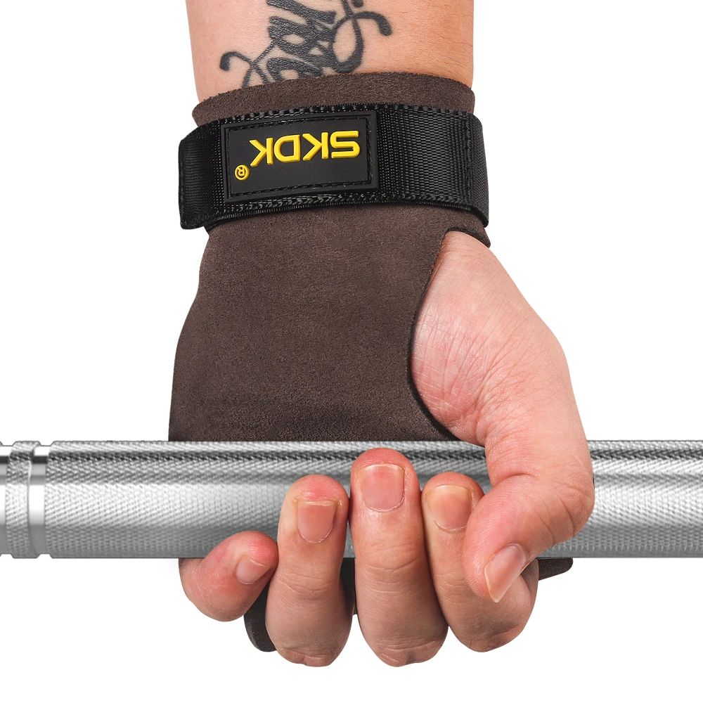 SKDK Cowhide Gym Grips Gloves Weightlifting Bodybuilding Fitness Gloves Crossfit Training Pull-up Gymnastics Workout