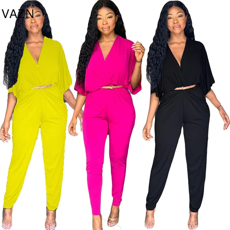 VAZN LO3016 New Overalls Untidy Sexy High-end Fashion Lace Up V Neck Half Sleeve High Waist Chiffon Women Long Pencil Jumpsuits |