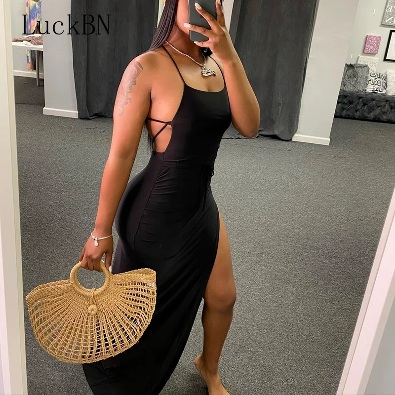 Vestido negro asimétrico para mujer, ropa con Espalda descubierta, Maxi,  abertura alta, trajes sexys para discoteca, ropa de playa para vacaciones  de verano - AliExpress Ropa de mujer