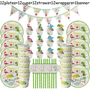 

49pcs Dinosaur Theme Party Tableware Set Disposable Paper Plates Cups Straws Cake Wrapper Happy 1st Birthday Party Supplies