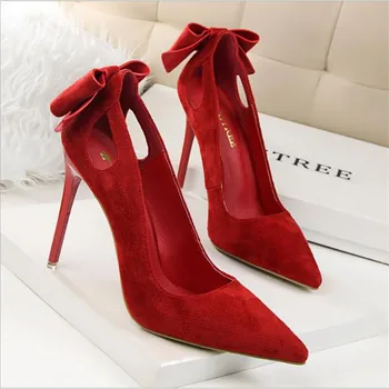 

Sexy Cut-Outs Sweet Bowtie Women Pumps New Arrival Concise Solid Flock Pointed Toe Shallow High Heels Women Shoes Size 34-40