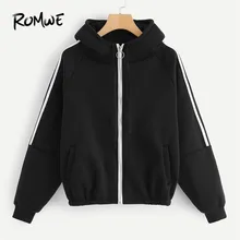 Romwe спортивный реглан с длинными рукавами куртка на молнии Для женщин осень Пальто с капюшоном и длинными рукавами тренировки Черная курточка Фитнес Спортивная одежда для бега