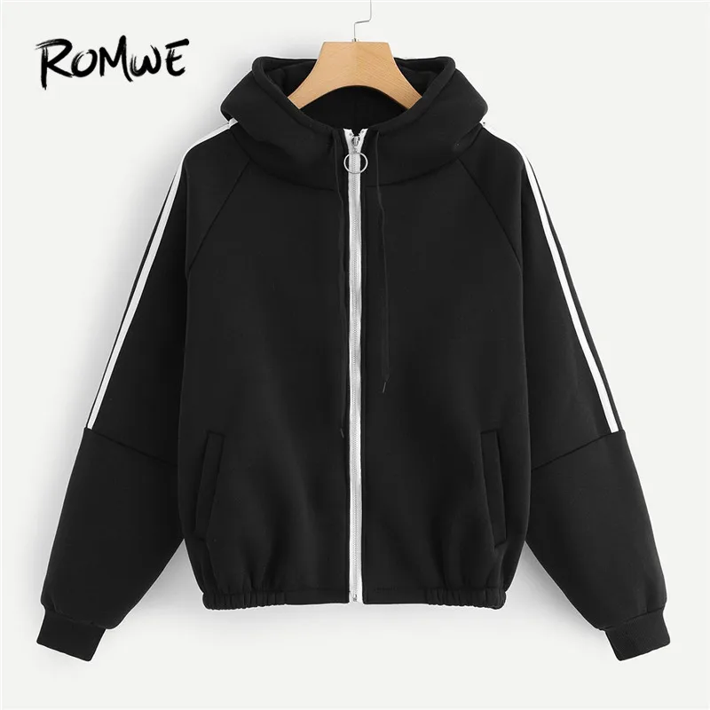 

Romwe Sport Raglan Sleeve Zip Up Jacket Women Autumn Long Sleeve Hooded Coat Workout Black Jacket Fitness Jogging Sportswear