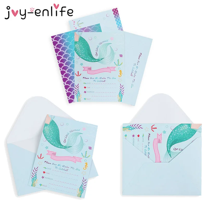 

8pcs Little Mermaid Birthday Party Invitation Cards with Envelopes Baby Shower Wedding Decorations Kids Girl Party Favors Decor