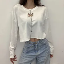 

Casual Hollow Out Solid Color Long Sleeve Round Collar Loose T-shirts Chic Collage Style Chain Decoration Cotton Tops Streetwear