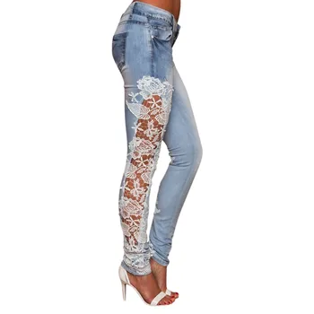 

2019 Women Elegant Sexy Denim Pencil Skinny Jeans Female Fashion Plus Size Lace Floral Crochet Hollow-Out Jeans #4