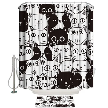 

Cat Black And White Dense Animal Shower Curtain Set and Anti-slip Floor Mat Outdoor Rugs