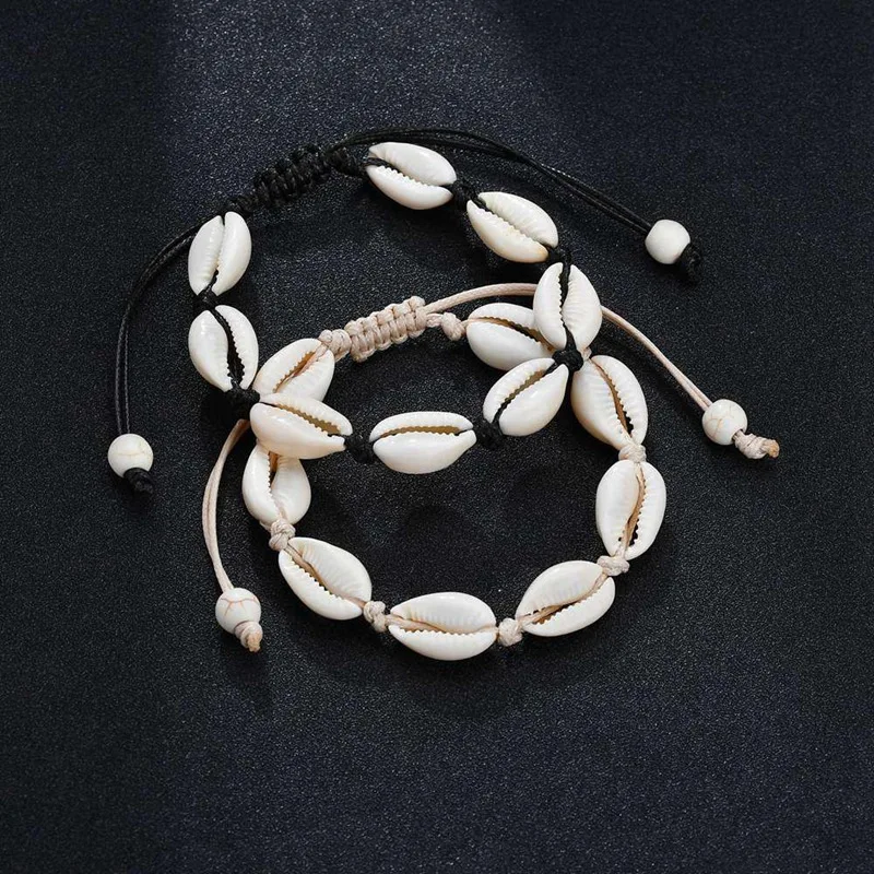 2 шт ножные браслеты для женщин Shell Foot Jewelry Летний пляж босиком браслет Лодыжка на ноге ремешок на лодыжке Богемные аксессуары-черный и