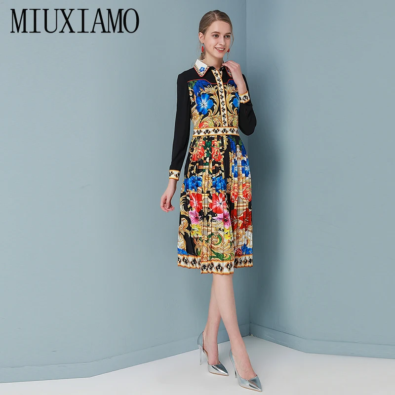 MIUXIMAO, высокое качество, осень и весна, платье с цветочным принтом, бриллиантами, складками, офисное, женское, элегантное, Повседневное платье